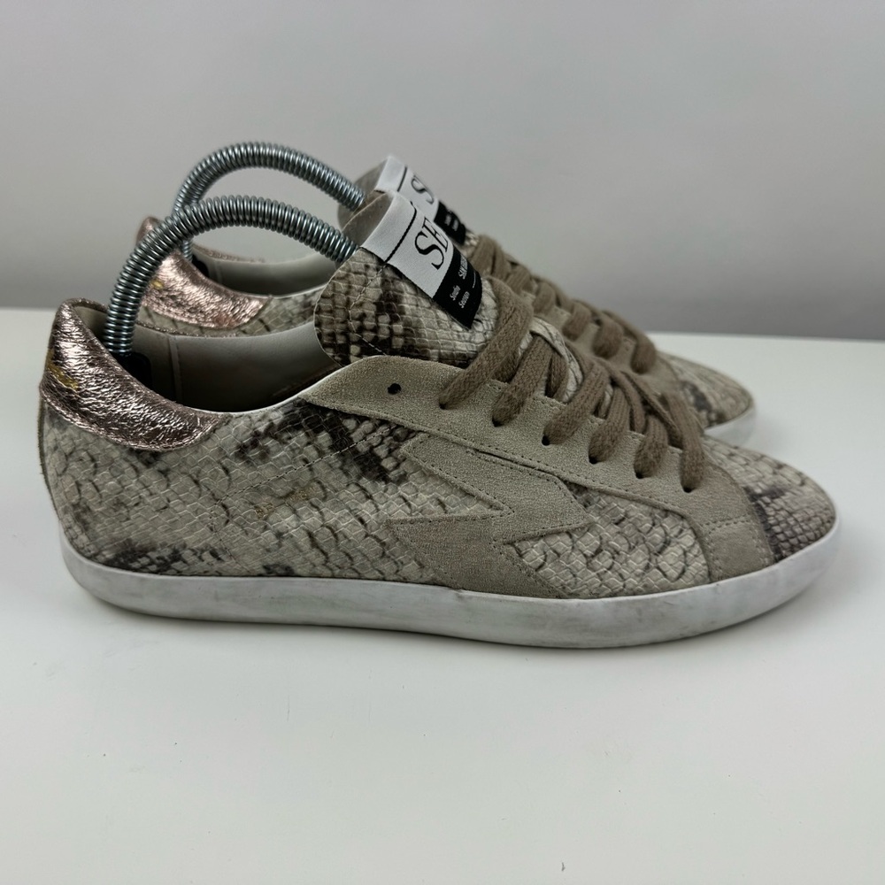 Sam Edelman Women's Sz 8.5 Shoes Beige White Snakeskin Fashion Trainer Sneakers